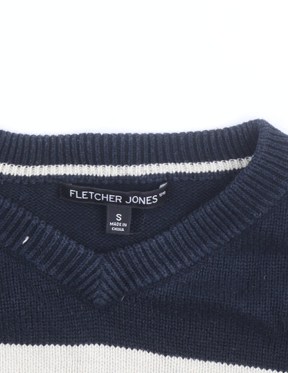 Fletcher Jones Men's Blue Striped Cotton V-Neck Jumper Size S