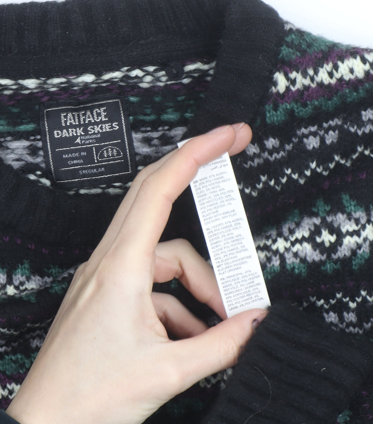 FatFace Men’s Black Fair Isle Wool Blend Crew Neck Jumper L