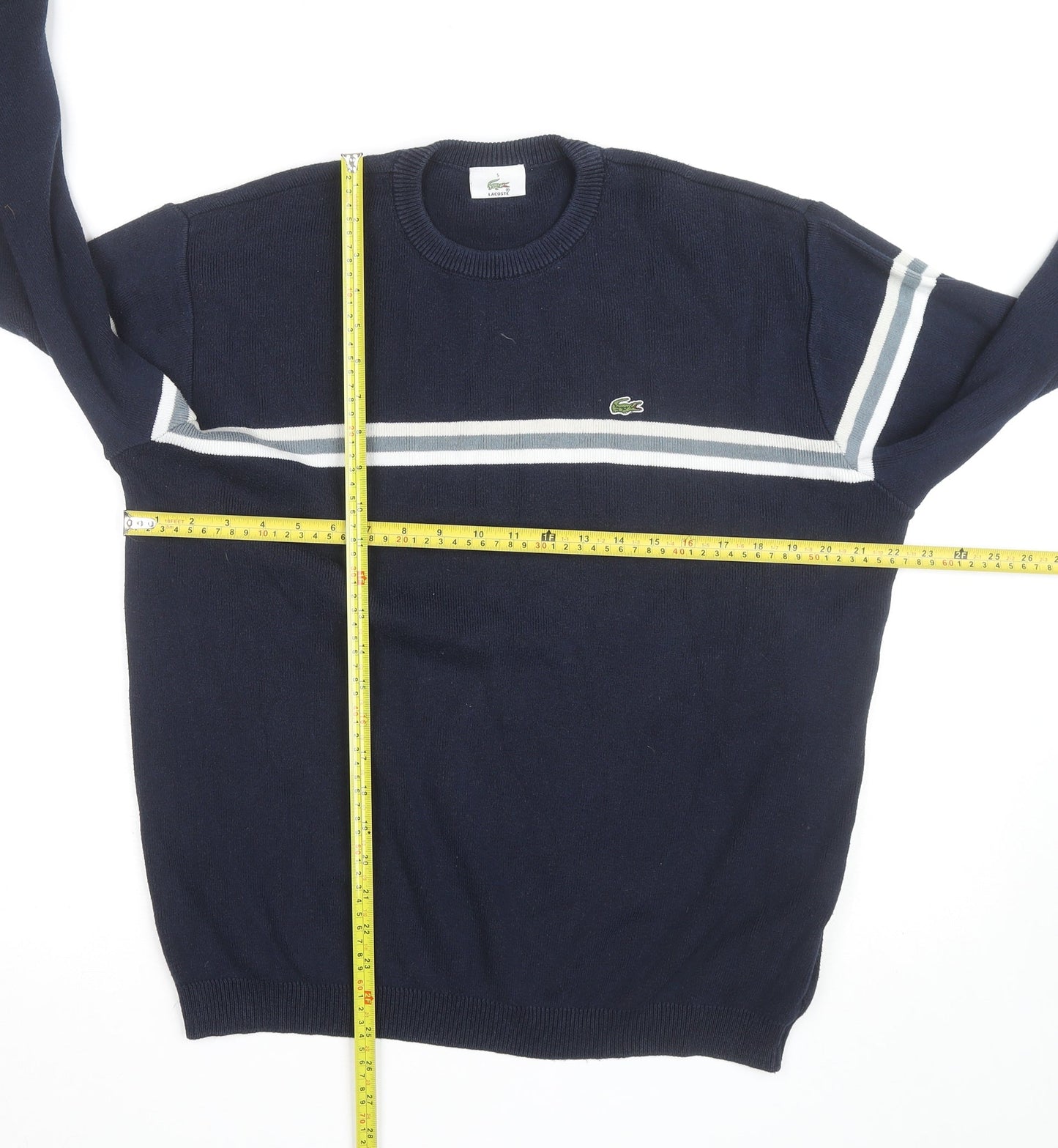 Lacoste Men's Blue Crew Neck Striped Pullover Jumper Size L