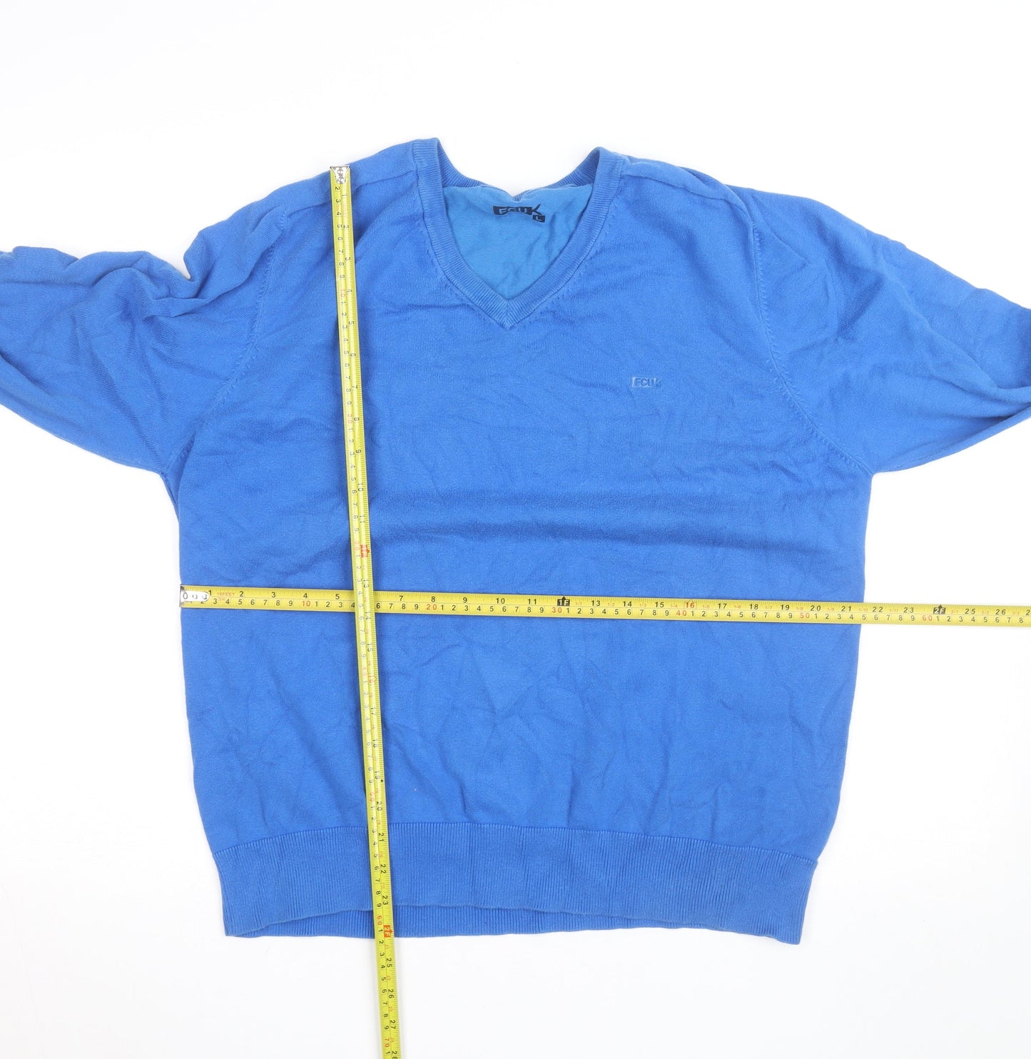 FCUK Men's Blue V-Neck Cotton Blend Jumper Size L