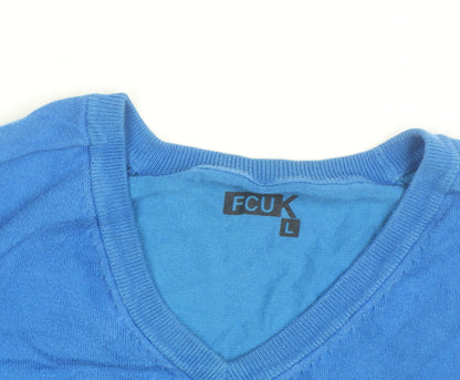 FCUK Men's Blue V-Neck Cotton Blend Jumper Size L