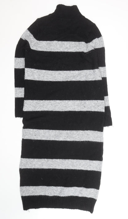 Next Women’s Black & Grey Roll Neck Stripe Wool Tunic Jumper M
