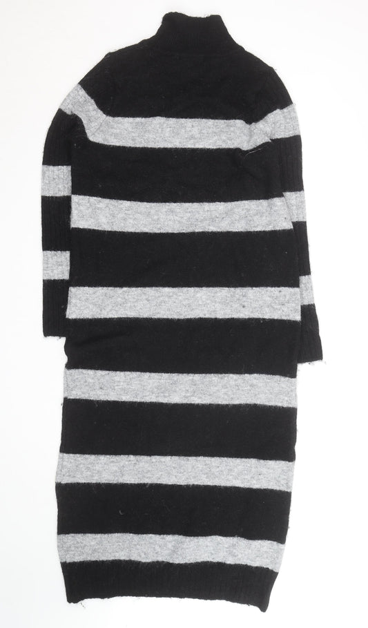 Next Women’s Black & Grey Roll Neck Stripe Wool Tunic Jumper M