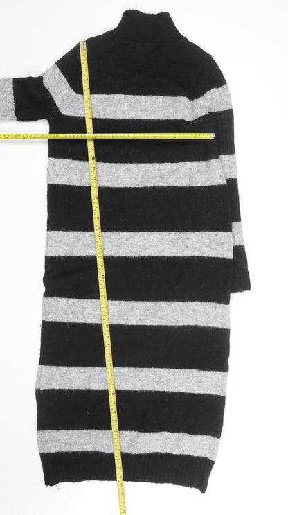 Next Women’s Black & Grey Roll Neck Stripe Wool Tunic Jumper M