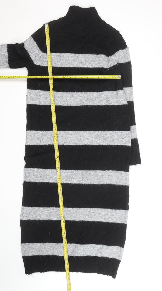 Next Women’s Black & Grey Roll Neck Stripe Wool Tunic Jumper M