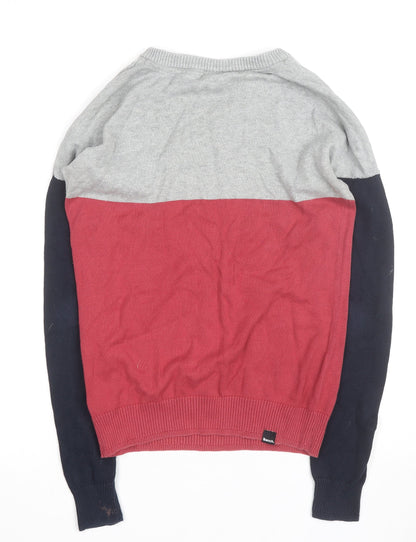 Bench Men's Grey Red Blue Colour Block Cotton Pullover Jumper XS