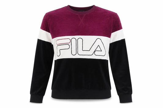 Front view of Fila women’s colourblock velour sweatshirt xs burgundy black white