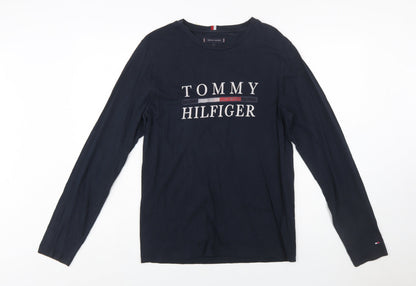 Tommy Hilfiger Men's Navy Blue Long Sleeve Logo Cotton T-Shirt Size S