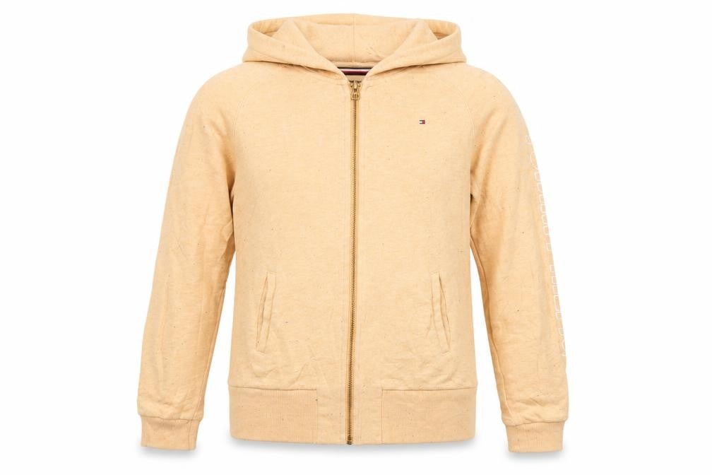 Front view of Tommy Hilfiger boys’ beige full zip hoodie 164 cotton blend casual sweatshirt