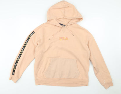 Fila Womens Beige Pullover Hoodie Medium Logo Sleeve Tape Sweatshirt