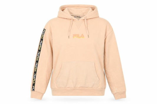 Front view of Fila women’s beige pullover hoodie medium logo sleeve tape sweatshirt