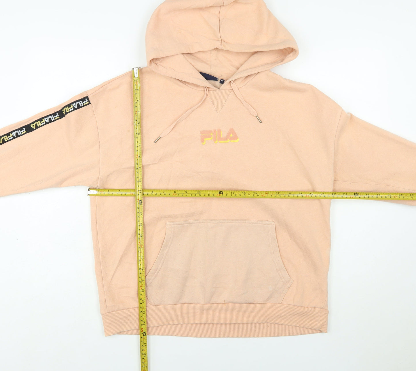 Fila Womens Beige Pullover Hoodie Medium Logo Sleeve Tape Sweatshirt