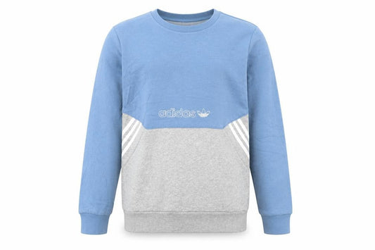 Front view of Adidas boys’ blue grey colourblock crew neck sweatshirt, size 13-14, years
