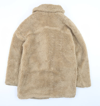 Topshop Women’s Beige Faux Fur Mid-Length Coat Size 8