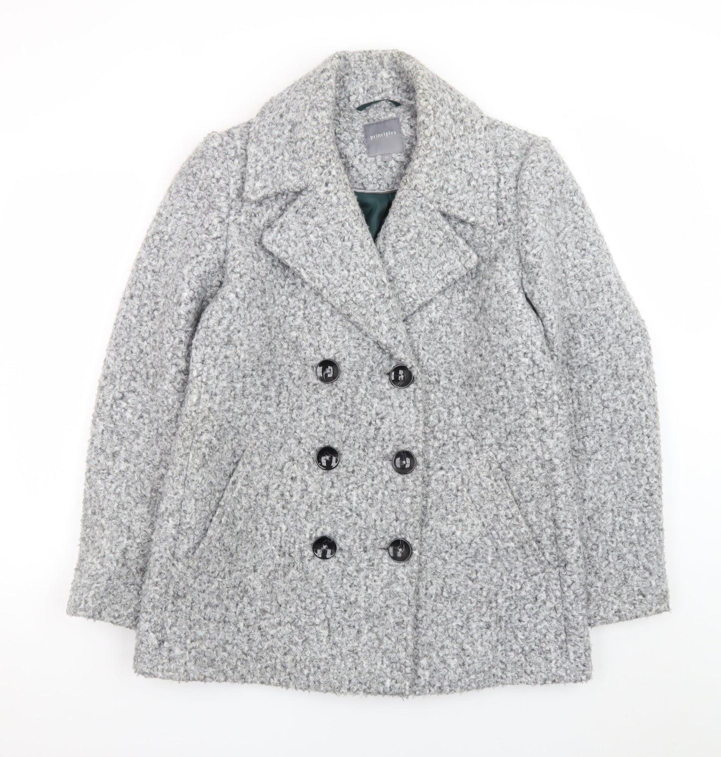 Principles Women's Grey Pea Coat Size 14 Polyester Lined Double Breasted