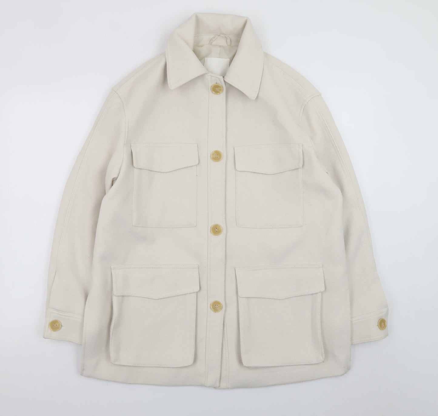H&M Women Ivory Mid-Length Twill Jacket Size 12 Button Casual Style