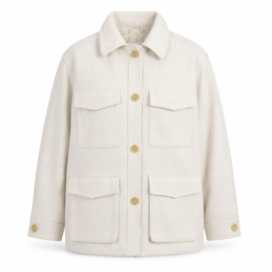H&M Women Ivory Mid-Length Twill Jacket Size 12 Button Casual Style