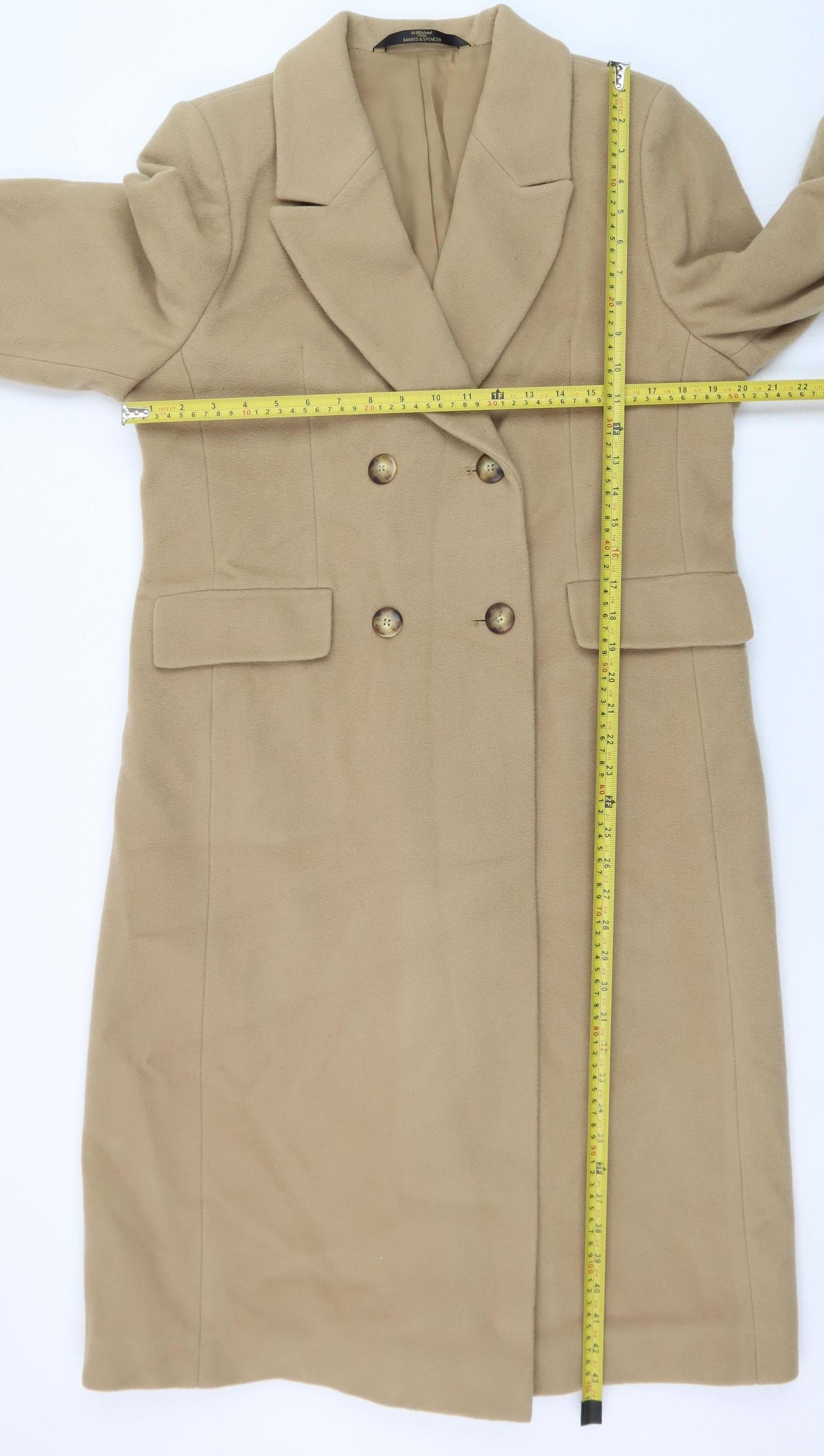 Marks & Spencer Women’s Beige Wool Long Coat Size 12 Petite Vintage