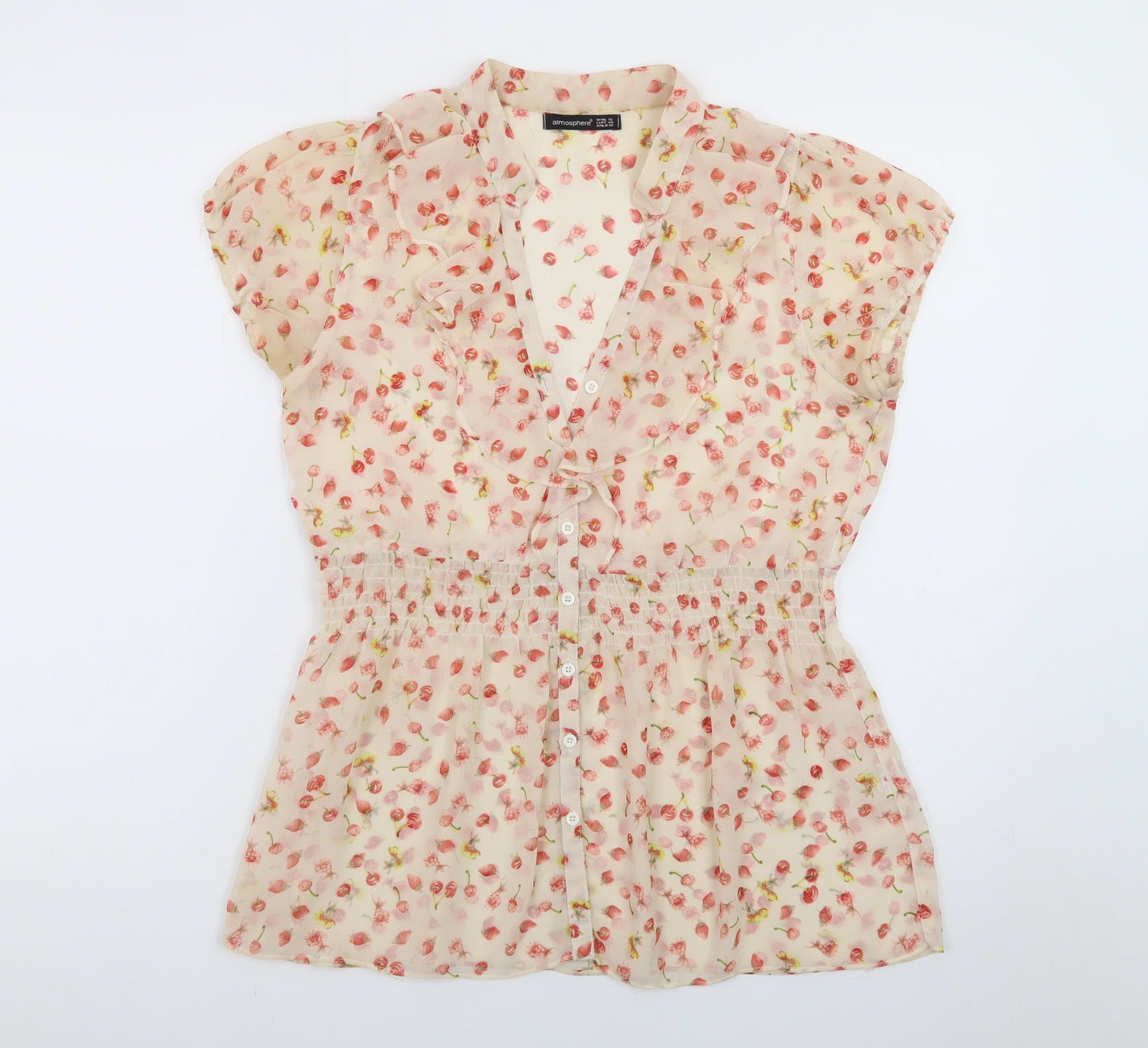 Atmosphere Womens Beige Floral Chiffon Blouse Size 12 Short Sleeve Tunic