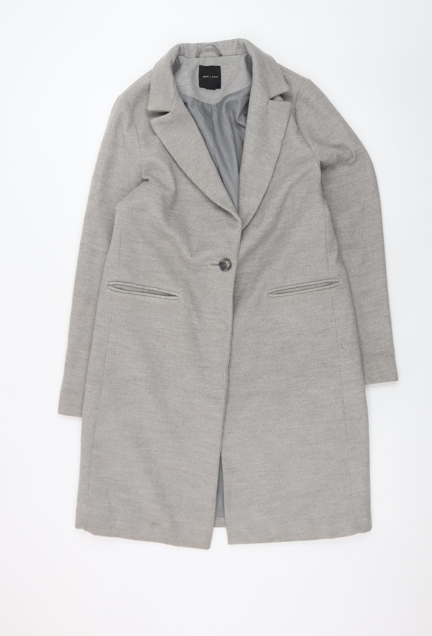 New Look Women Grey Mid-Length Overcoat Size 10 Lined Button Front