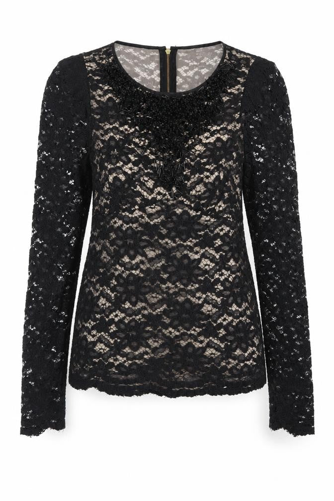Bastyan Women Black Size 10 Lace Beaded Sheath Dress