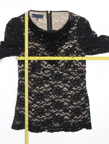 Bastyan Women Black Size 10 Lace Beaded Sheath Dress