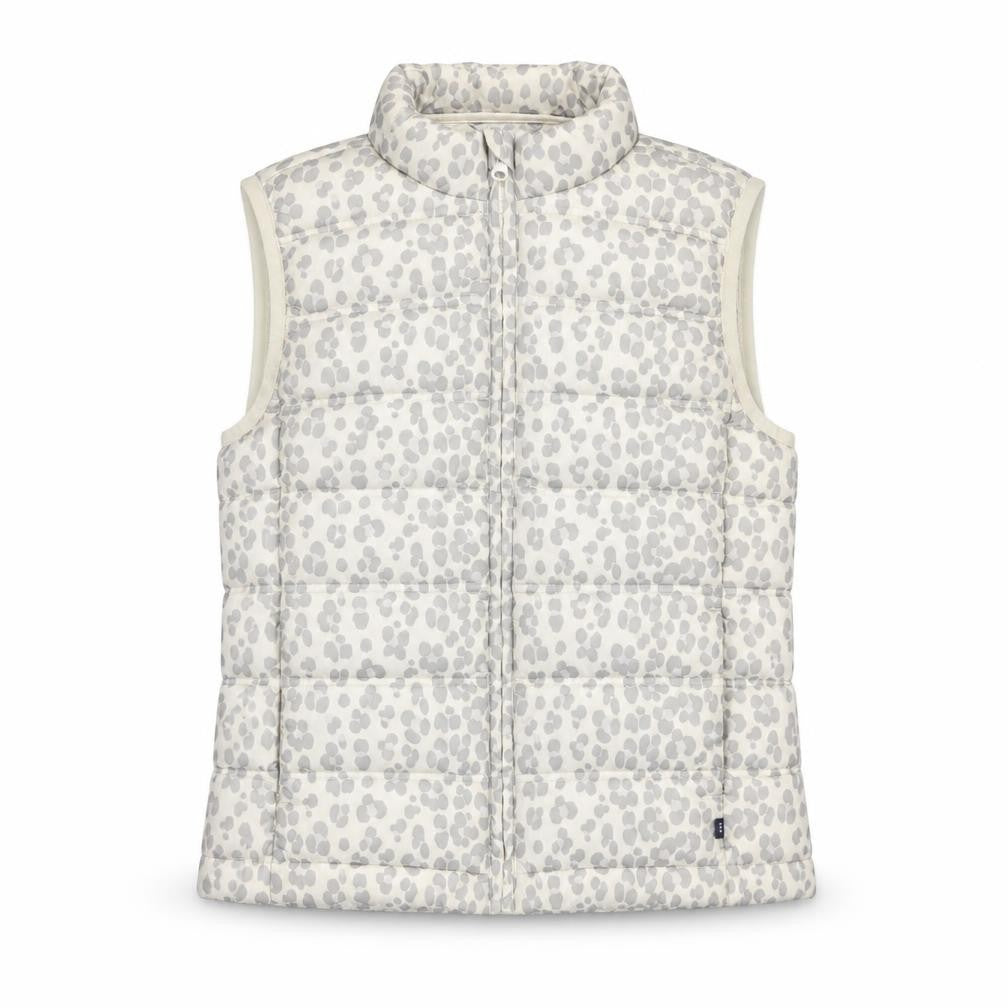 Front view of Gap Kids girls’ ivory animal print puffer gilet 2xl water resistant