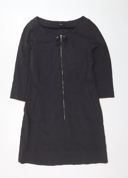 Claudia Sträter Women Black Viscose Shift Dress Size 8 3/4 Sleeve Zip Detail