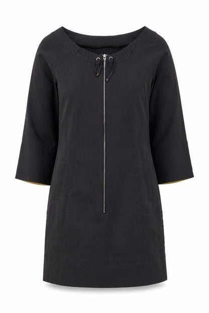 Claudia Sträter Women Black Viscose Shift Dress Size 8 3/4 Sleeve Zip Detail
