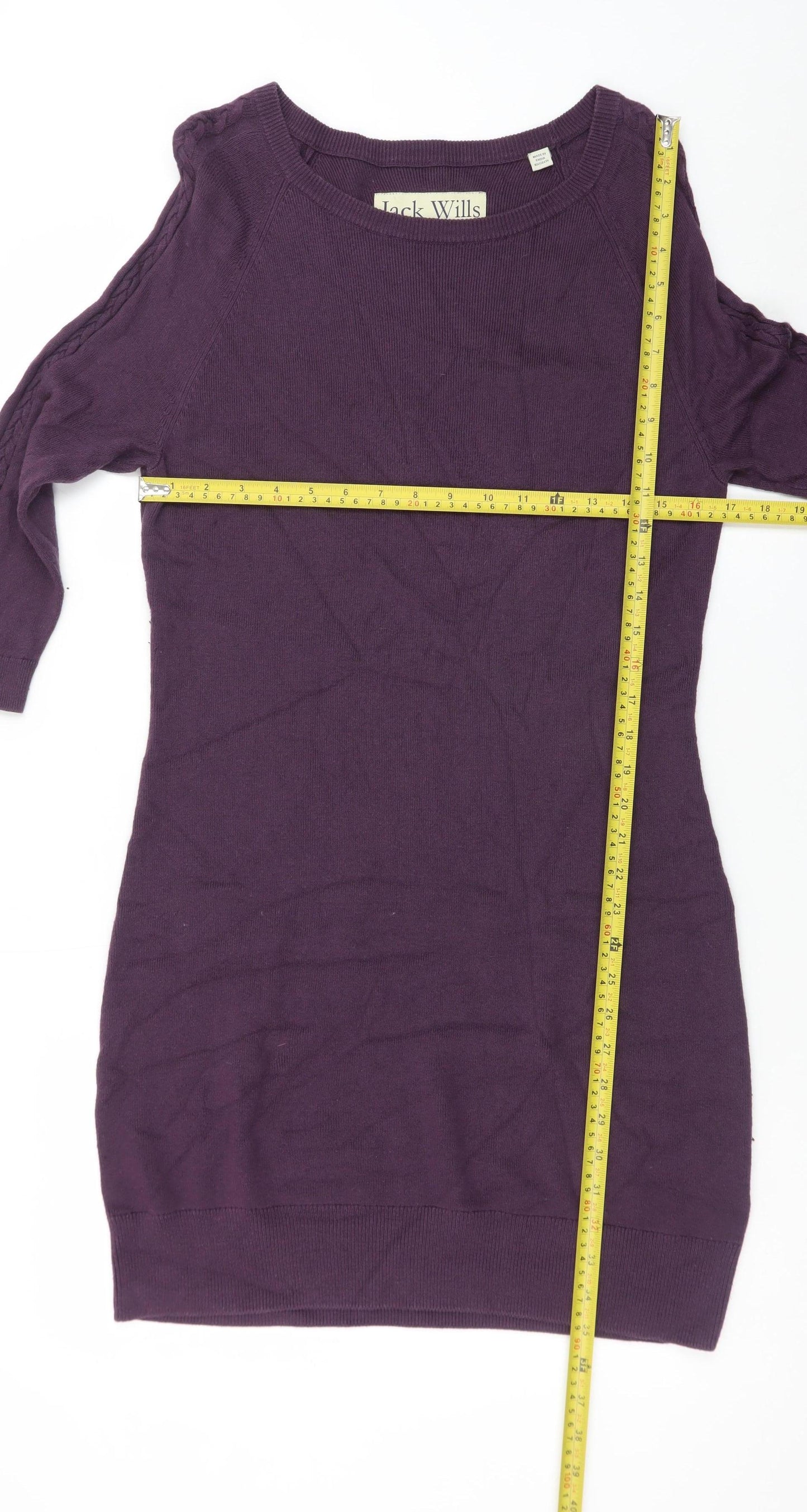 Jack Wills Womens Purple Knit Jumper Dress UK 12 Crew Neck 3/4 Sleeve