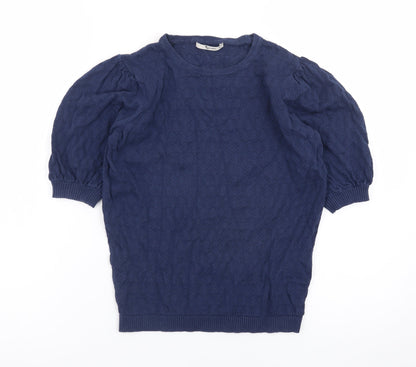 Tu Women Blue Knit Short Puff Sleeve Crew Neck Top Size 10