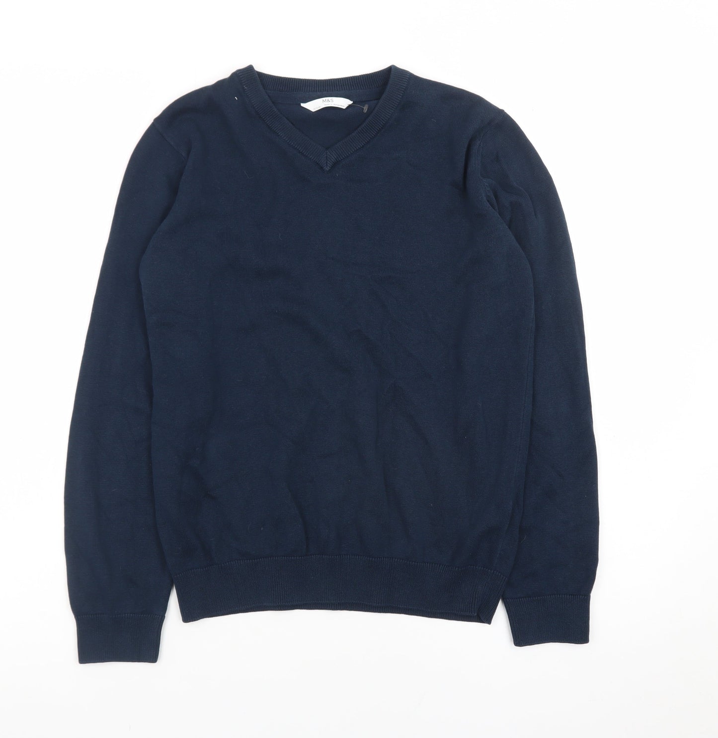 Marks and Spencer Boys Navy V-Neck Cotton Jumper 12-13 Years Classic Fit