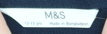 Marks and Spencer Boys Navy V-Neck Cotton Jumper 12-13 Years Classic Fit