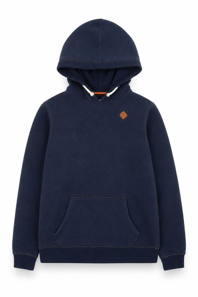 Front view of Jack & Jones boys’ navy blue pullover hoodie 16 years cotton blend casual