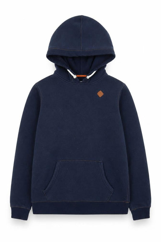 Front view of Jack & Jones boys’ navy blue pullover hoodie 16 years cotton blend casual