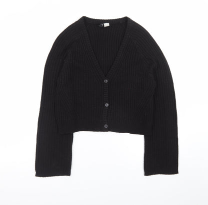 H&M Women Black Rib Knit V-Neck Button Cardigan Size 12