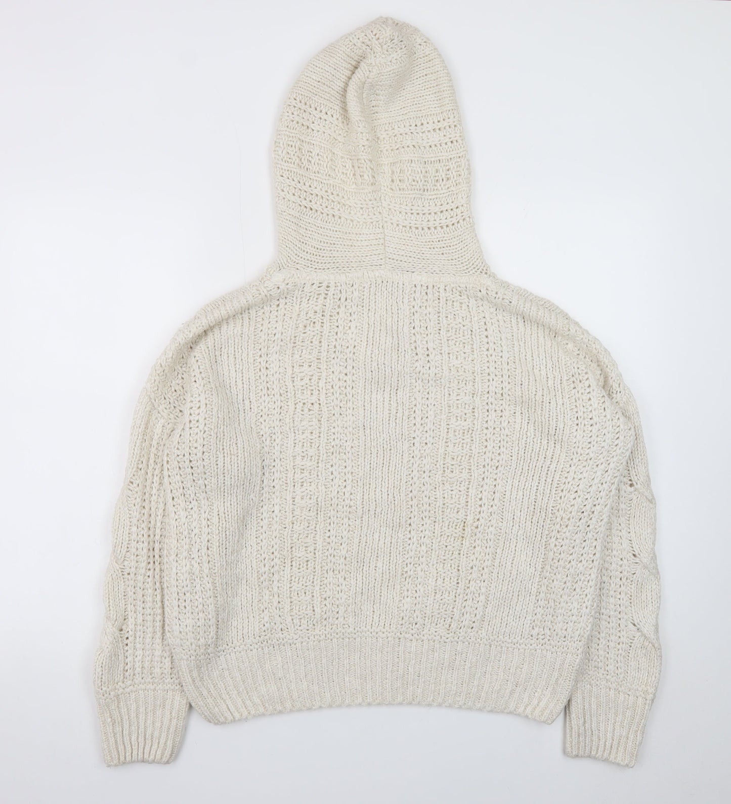Next Women Ivory Hooded Chunky-Knit V-Neck Jumper Size 12