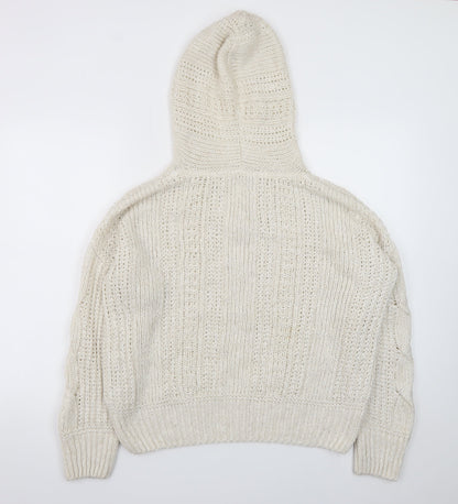 Next Women Ivory Hooded Chunky-Knit V-Neck Jumper Size 12