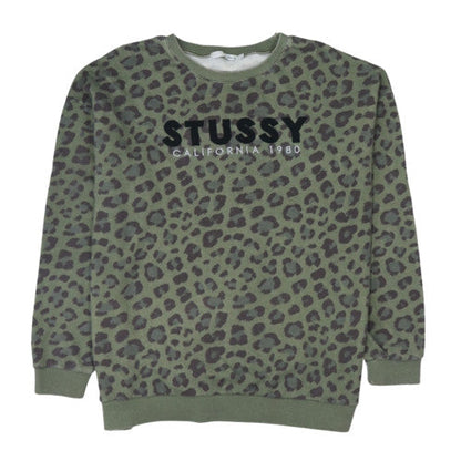 Stussy Womens Green Leopard Print Crew Neck Sweatshirt Size L