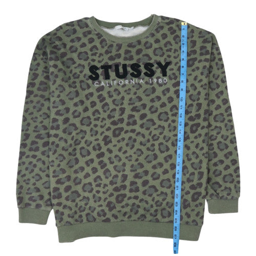 Stussy Womens Green Leopard Print Crew Neck Sweatshirt Size L