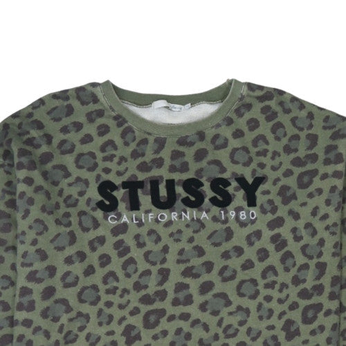 Stussy Womens Green Leopard Print Crew Neck Sweatshirt Size L