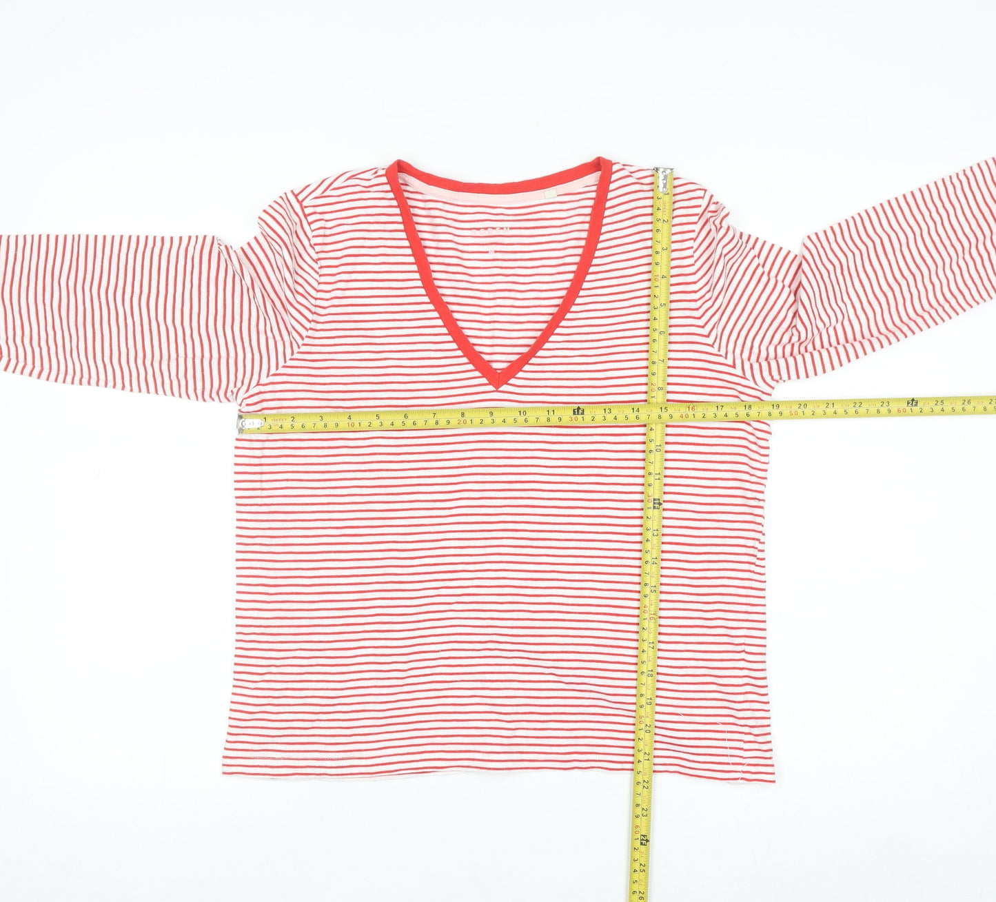 Boden Women's Red Striped V-Neck Long Sleeve Cotton T-Shirt Size M