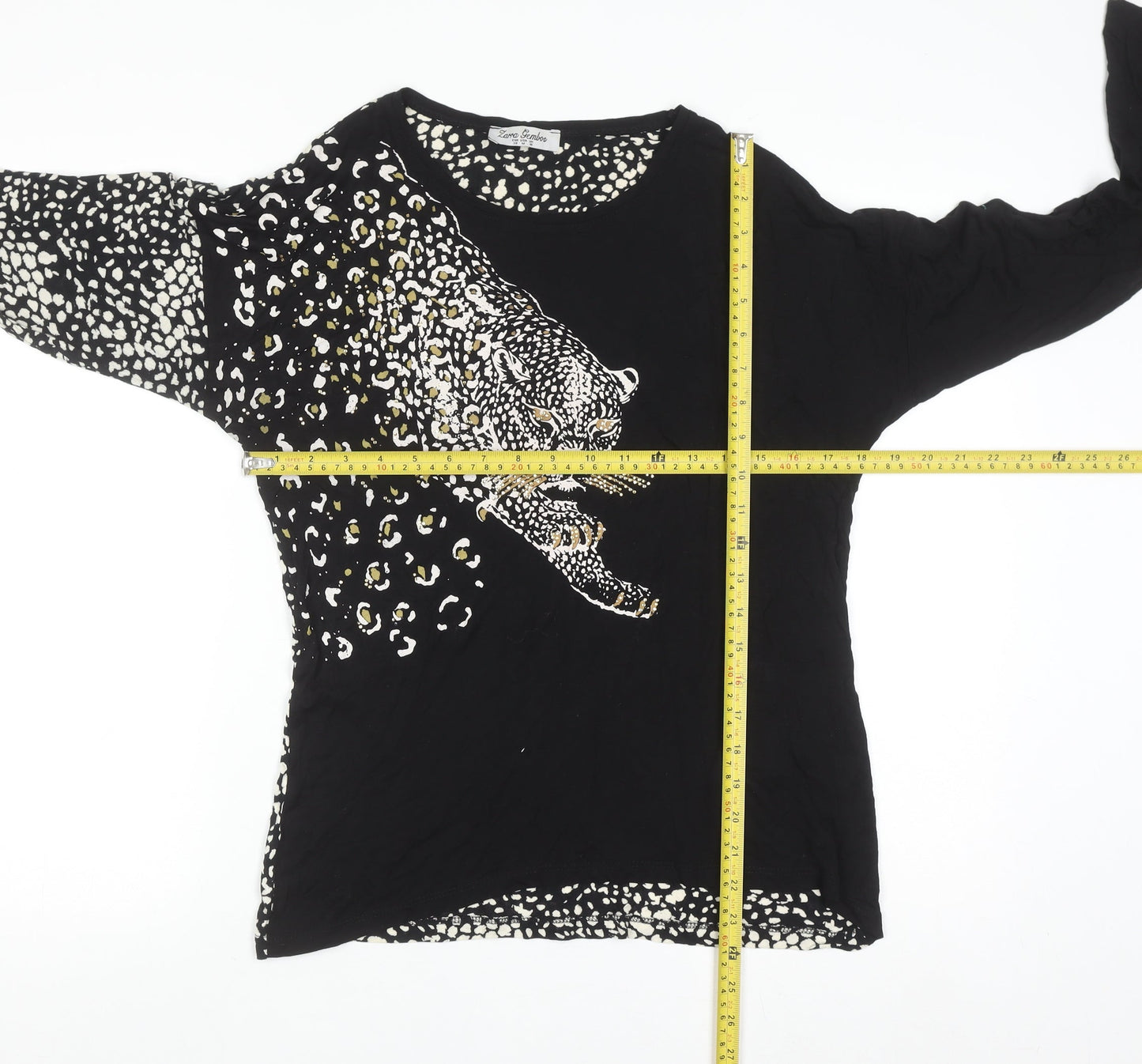 Zarra Gembos Womens Black Leopard Embroidered Cotton Jersey Long Sleeve T-Shirt Size 10