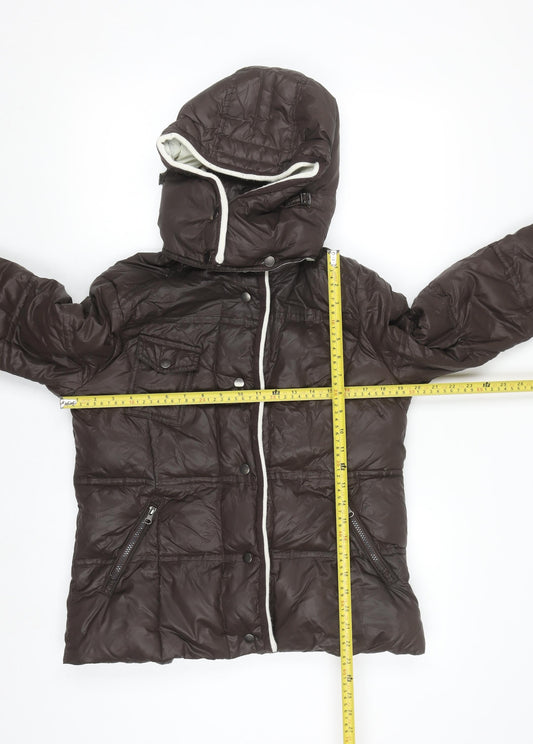 Cortefiel Womens Brown Hooded Puffer Jacket M Quilted Down Casual Coat