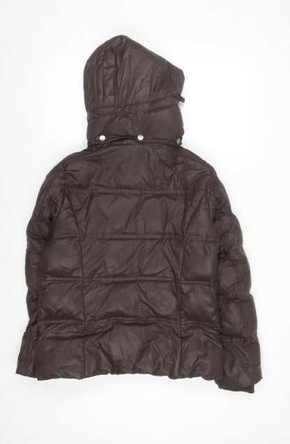 Cortefiel Womens Brown Hooded Puffer Jacket M Quilted Down Casual Coat