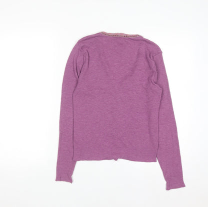 Jigsaw Women Purple Ruffle Trim V-Neck Cardigan Size L