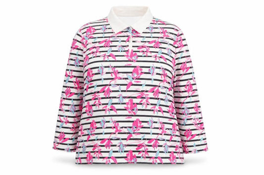 Damart Women’s Multicoloured Floral Stripe Cotton Long Sleeve Polo Top Size 18/20