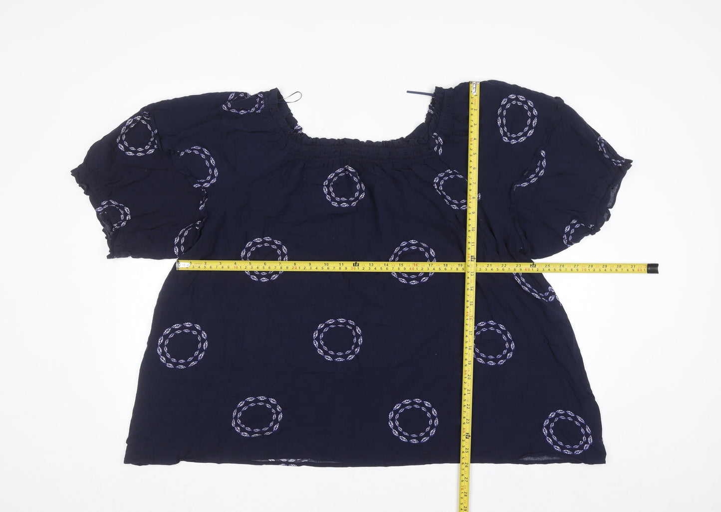 Next Womens Navy Blue Embroidered Blouse Size 24 Viscose Short Sleeve