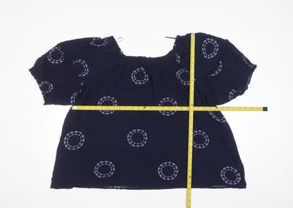 Next Womens Navy Blue Embroidered Blouse Size 24 Viscose Short Sleeve