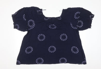 Next Womens Navy Blue Embroidered Blouse Size 24 Viscose Short Sleeve